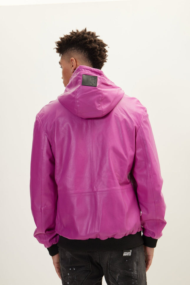 Men's Nappa Lambskin Hooded Bomber Jacket - Fuchsia | Ron Tomson