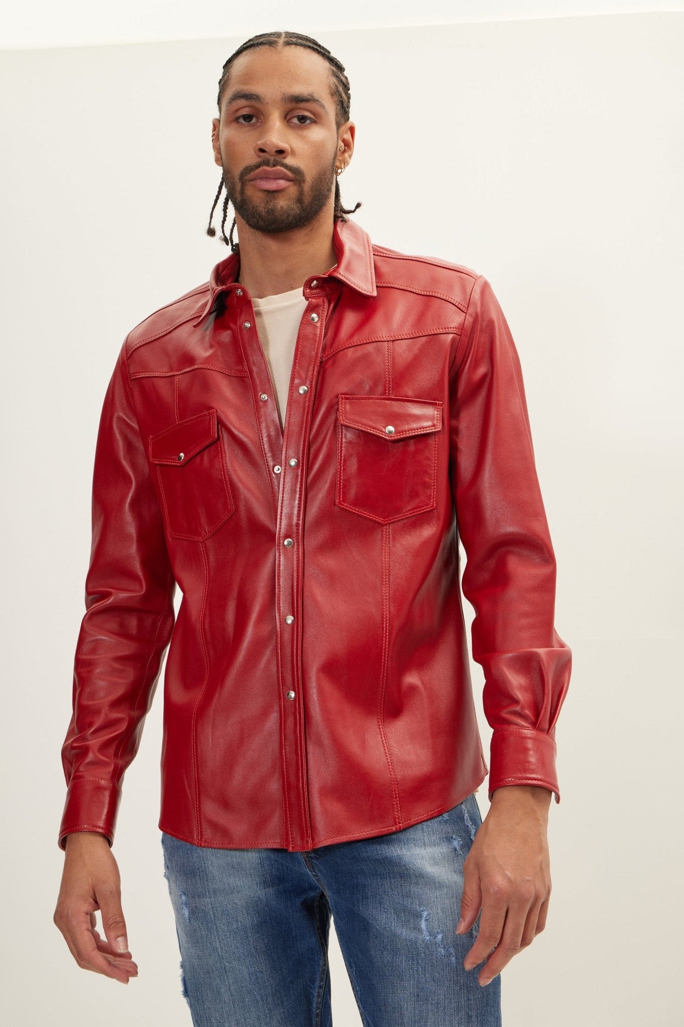 Men's Lambskin Leather Shirt - Red | Ron Tomson Men's Lambskin Leather Shirt - Red | Ron Tomson