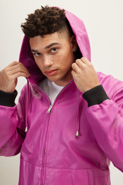 Men's Nappa Lambskin Hooded Bomber Jacket - Fuchsia | Ron Tomson