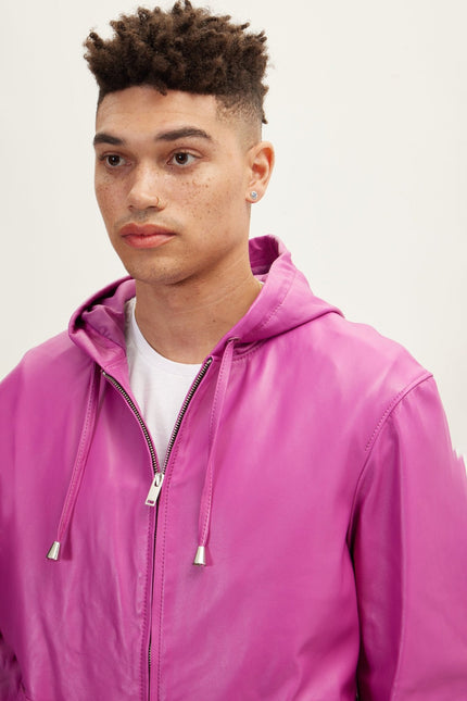 Men's Nappa Lambskin Hooded Bomber Jacket - Fuchsia | Ron Tomson