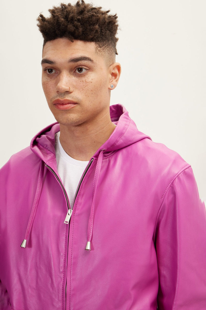Men's Nappa Lambskin Hooded Bomber Jacket - Fuchsia | Ron Tomson