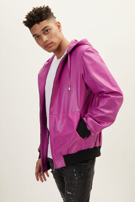 Men's Nappa Lambskin Hooded Bomber Jacket - Fuchsia | Ron Tomson