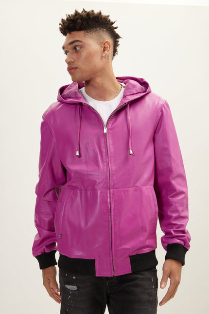 Men's Nappa Lambskin Hooded Bomber Jacket - Fuchsia | Ron Tomson