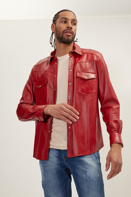Men's Lambskin Leather Shirt - Red | Ron Tomson