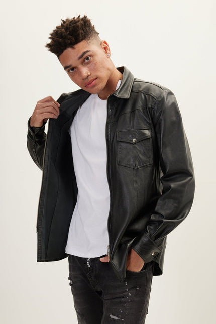 Men's Full-Zip Lambskin Leather Shirt - Black | Ron Tomson