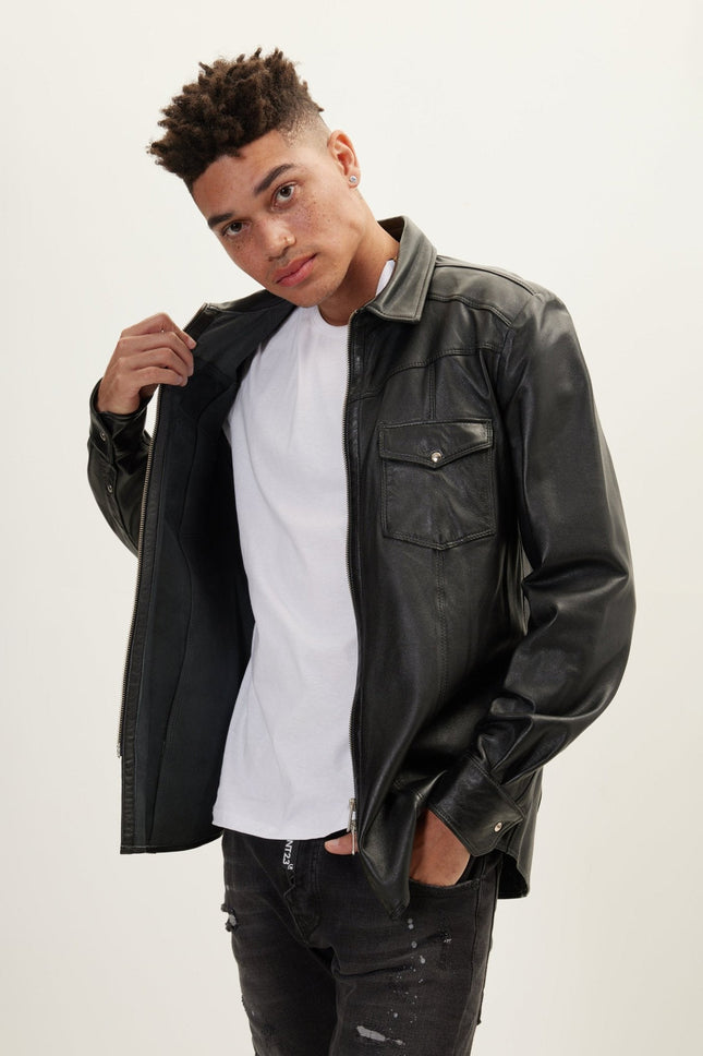 Men's Full-Zip Lambskin Leather Shirt - Black | Ron Tomson