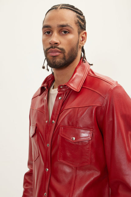 Men's Lambskin Leather Shirt - Red | Ron Tomson