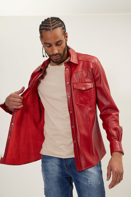 Men's Lambskin Leather Shirt - Red | Ron Tomson