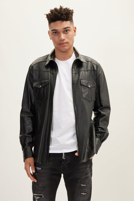 Men's Full-Zip Lambskin Leather Shirt - Black | Ron Tomson