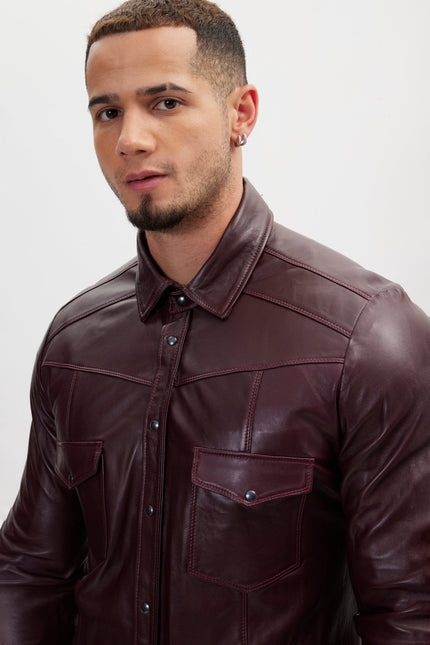 Men's Lambskin Leather Shirt - Wine | Ron Tomson