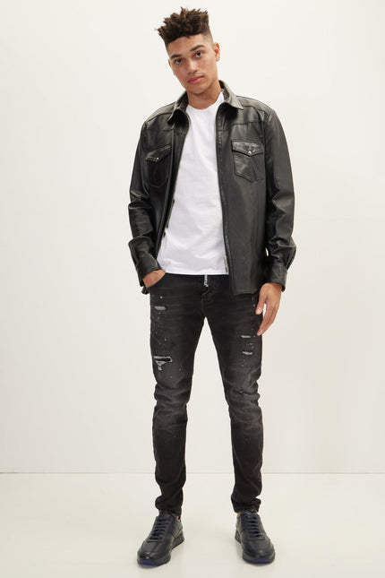 Men's Full-Zip Lambskin Leather Shirt - Black | Ron Tomson