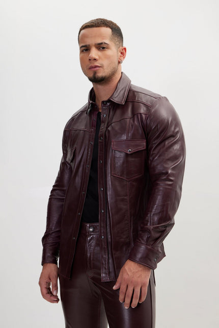 Men's Lambskin Leather Shirt - Wine | Ron Tomson