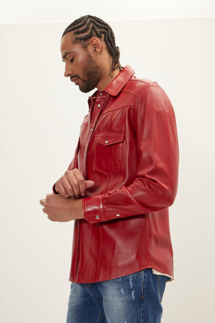 Men's Lambskin Leather Shirt - Red | Ron Tomson