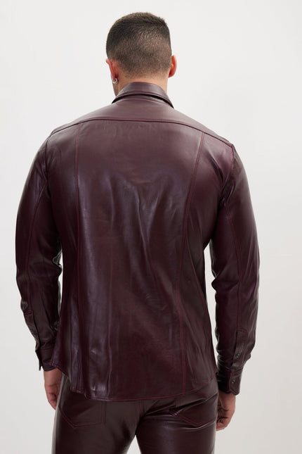 Men's Lambskin Leather Shirt - Wine | Ron Tomson