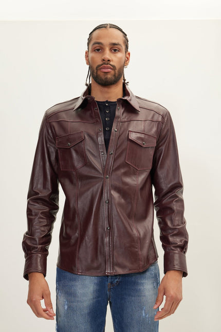 Men's Lambskin Leather Shirt - Wine | Ron Tomson
