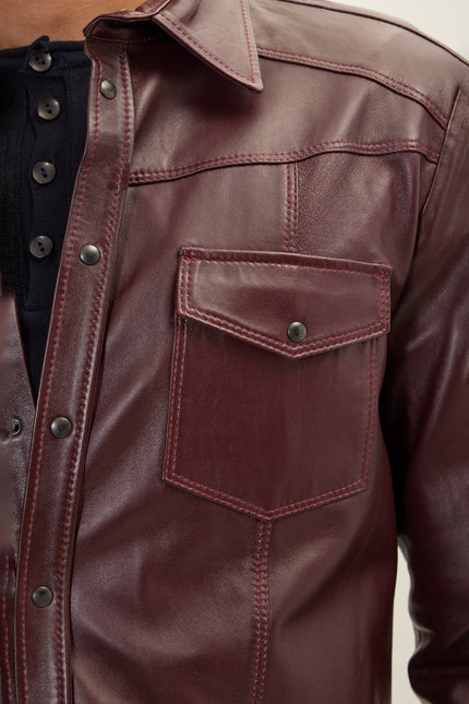 Men's Lambskin Leather Shirt - Wine | Ron Tomson
