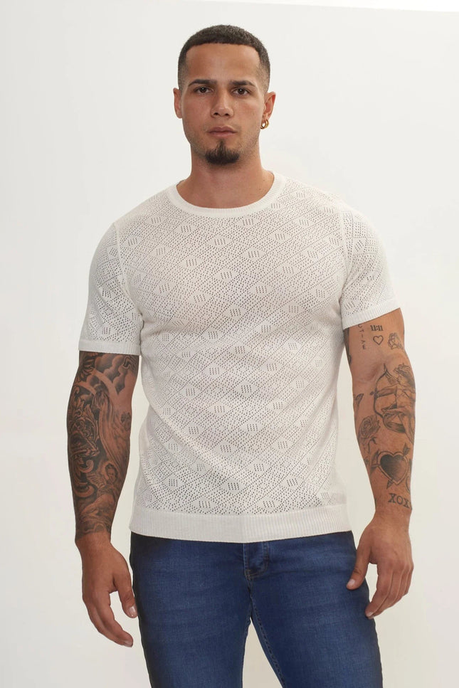 Geometric Crochet Crew-Neck Knit Top - Off-White