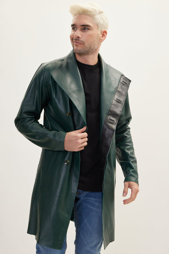 Men's Double-Breasted Leather Overcoat - Green Black | Ron Tomson