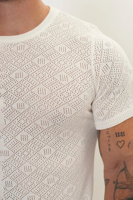 Men's Geometric Crochet Crew-Neck Knit Top - Off-White | Ron Tomson