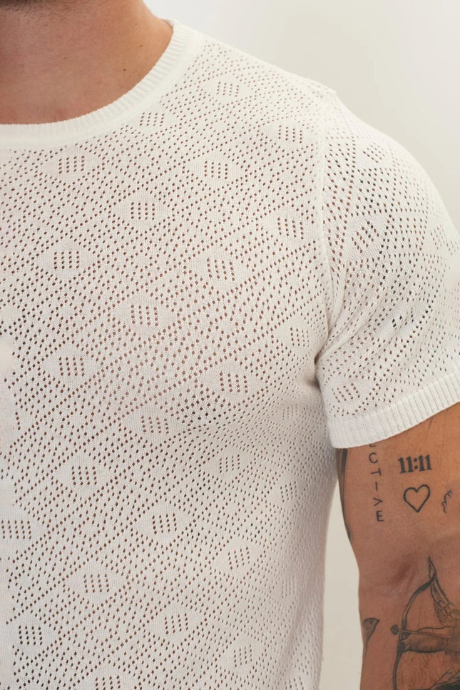Geometric Crochet Crew-Neck Knit Top - Off-White