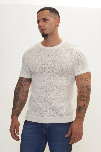Men's Geometric Crochet Crew-Neck Knit Top - Off-White | Ron Tomson