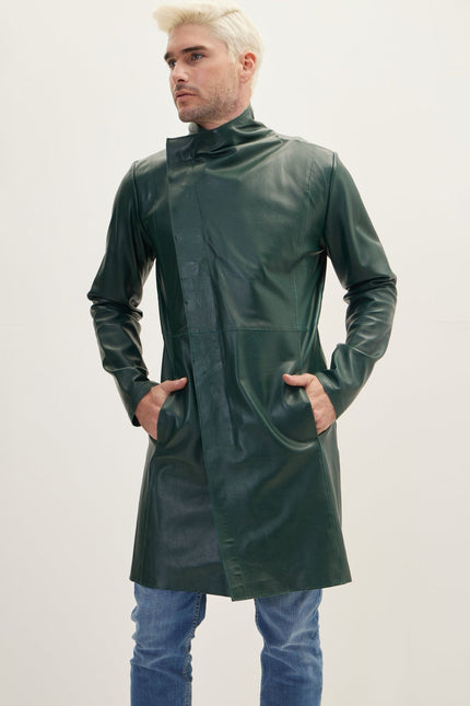Men's Double-Breasted Leather Overcoat - Green Black | Ron Tomson