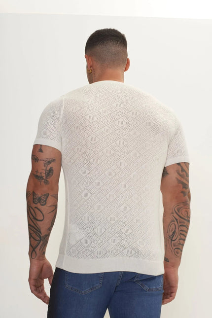 Men's Geometric Crochet Crew-Neck Knit Top - Off-White | Ron Tomson