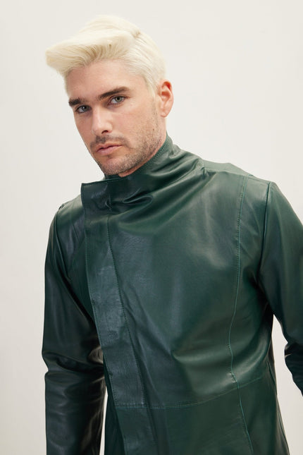 Men's Double-Breasted Leather Overcoat - Green Black | Ron Tomson
