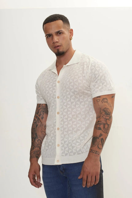 Men's Crochet Polo Shirt - Off-White | Ron Tomson