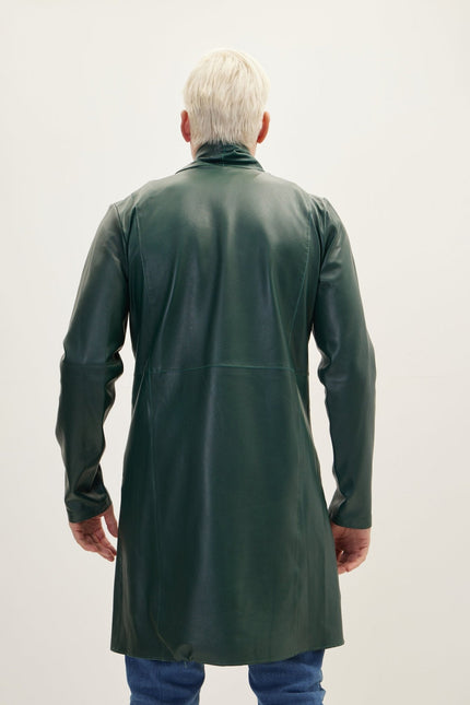 Men's Double-Breasted Leather Overcoat - Green Black | Ron Tomson