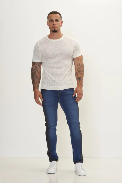 Men's Geometric Crochet Crew-Neck Knit Top - Off-White | Ron Tomson