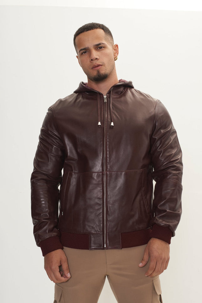 Men's Nappa Lambskin Hooded Bomber Jacket - Wine | Ron Tomson