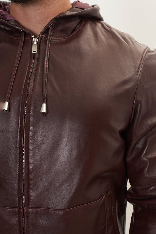 Men's Nappa Lambskin Hooded Bomber Jacket - Wine | Ron Tomson