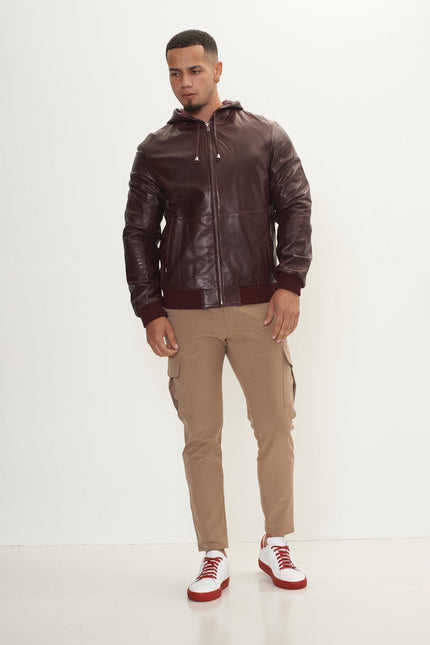 Men's Nappa Lambskin Hooded Bomber Jacket - Wine | Ron Tomson