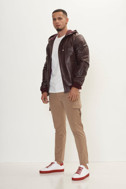 Men's Nappa Lambskin Hooded Bomber Jacket - Wine | Ron Tomson