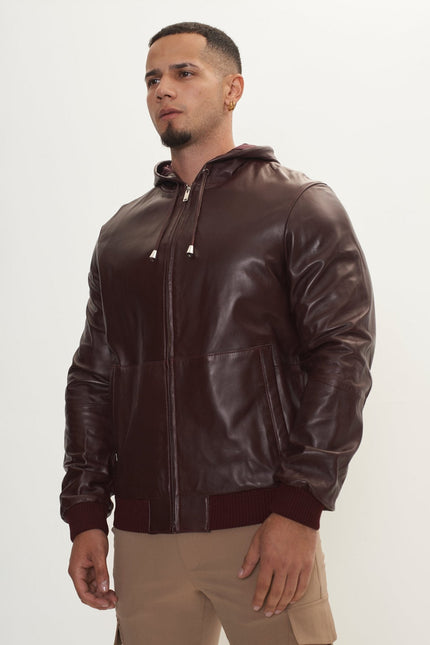 Men's Nappa Lambskin Hooded Bomber Jacket - Wine | Ron Tomson