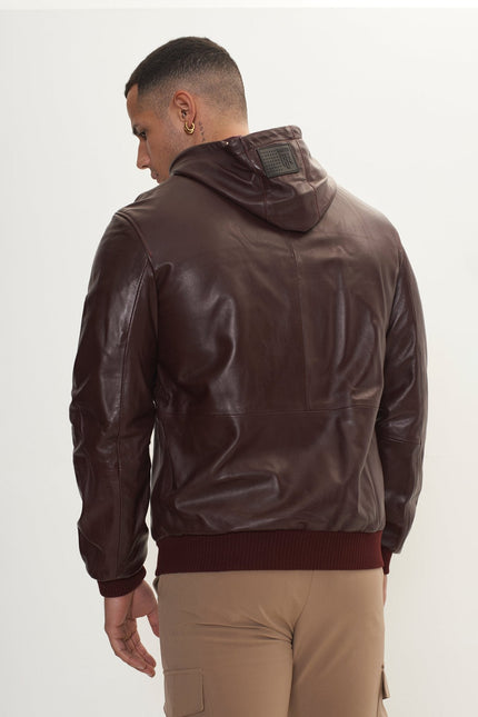 Men's Nappa Lambskin Hooded Bomber Jacket - Wine | Ron Tomson