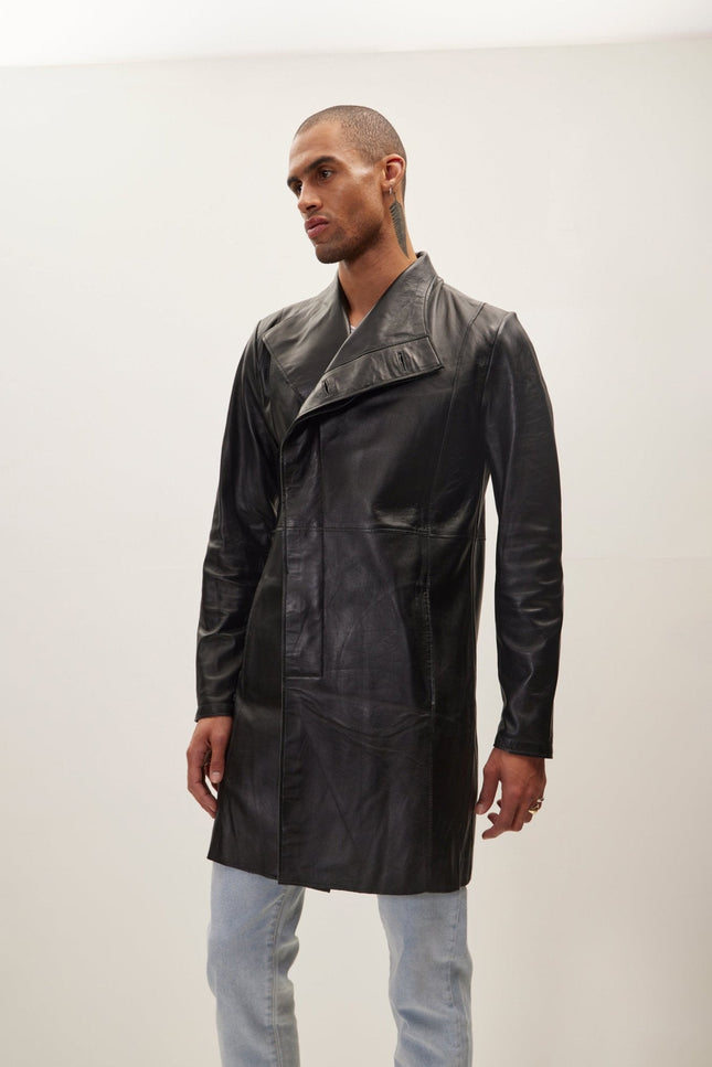 Asymmetric Lambskin Trench Coat - Black