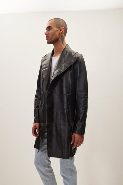 Men's Asymmetric Lambskin Trench Coat - Black | Ron Tomson