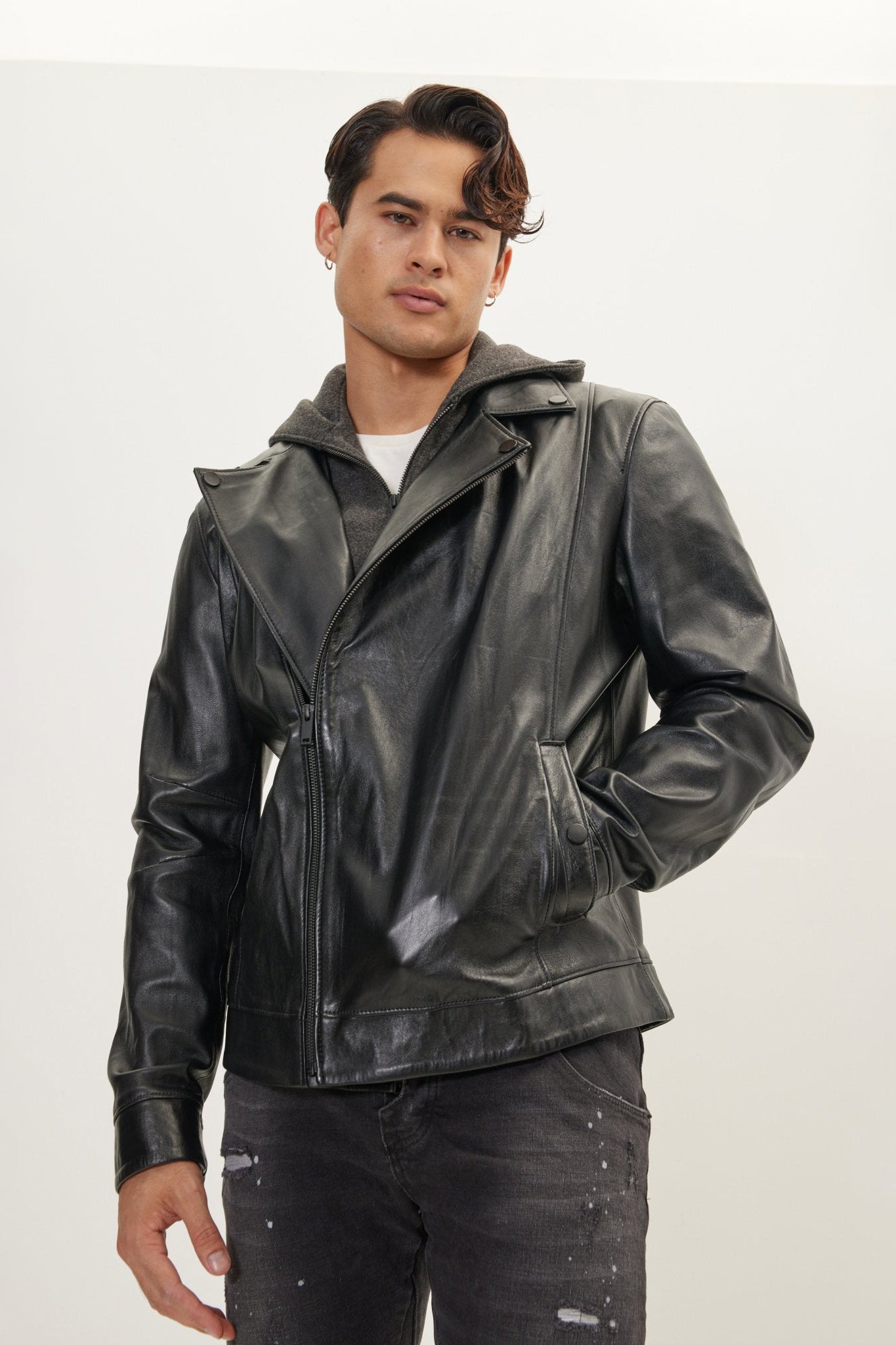 Men's Asymmetric-Zip Leather Motorcycle Jacket - Black | Ron Tomson