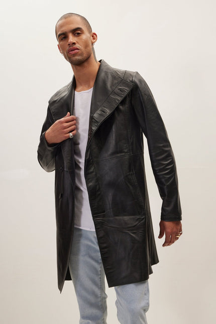 Men's Asymmetric Lambskin Trench Coat - Black | Ron Tomson