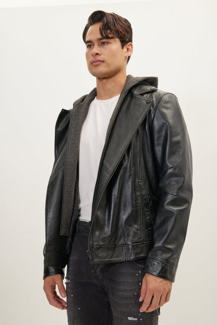 Men's Asymmetric-Zip Leather Motorcycle Jacket - Black | Ron Tomson