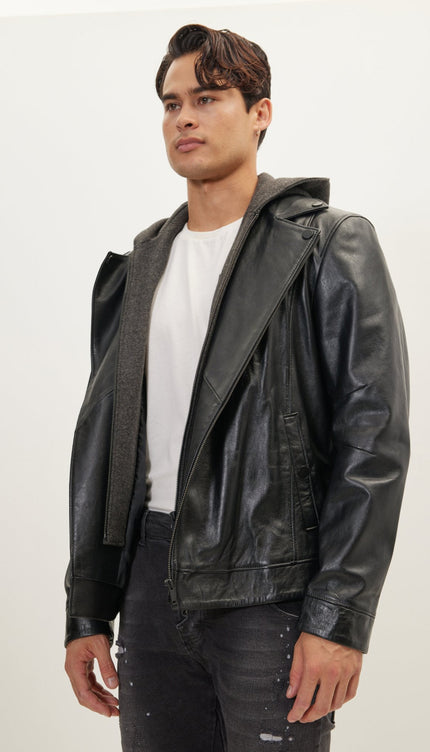 Asymmetric-Zip Leather Motorcycle Jacket - Black