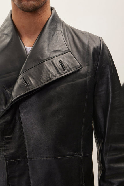 Men's Asymmetric Lambskin Trench Coat - Black | Ron Tomson