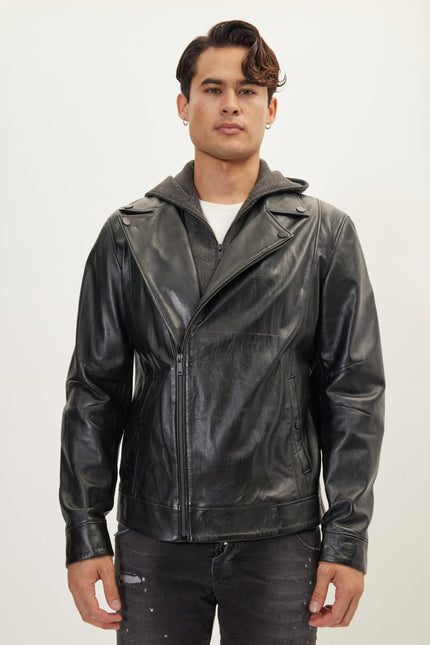Men's Asymmetric-Zip Leather Motorcycle Jacket - Black | Ron Tomson