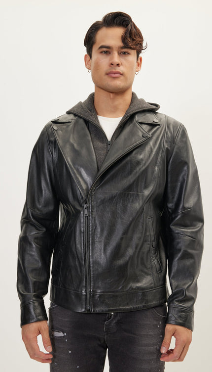 Asymmetric-Zip Leather Motorcycle Jacket - Black
