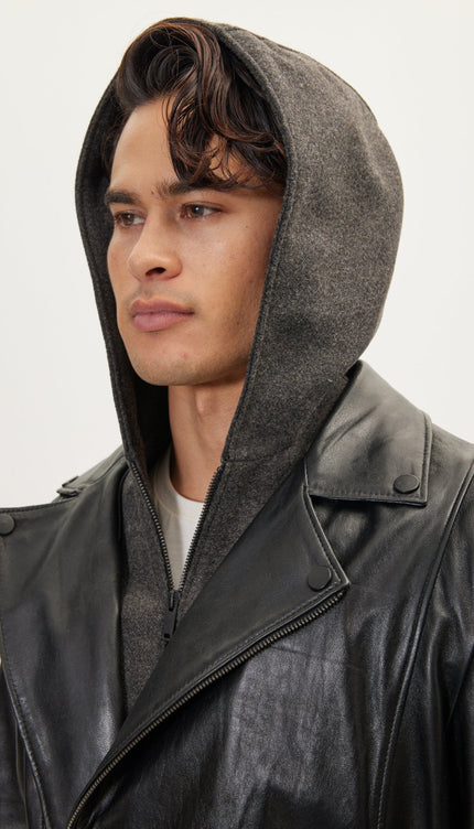 Asymmetric-Zip Leather Motorcycle Jacket - Black