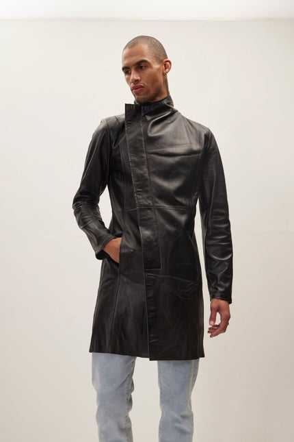 Men's Asymmetric Lambskin Trench Coat - Black | Ron Tomson