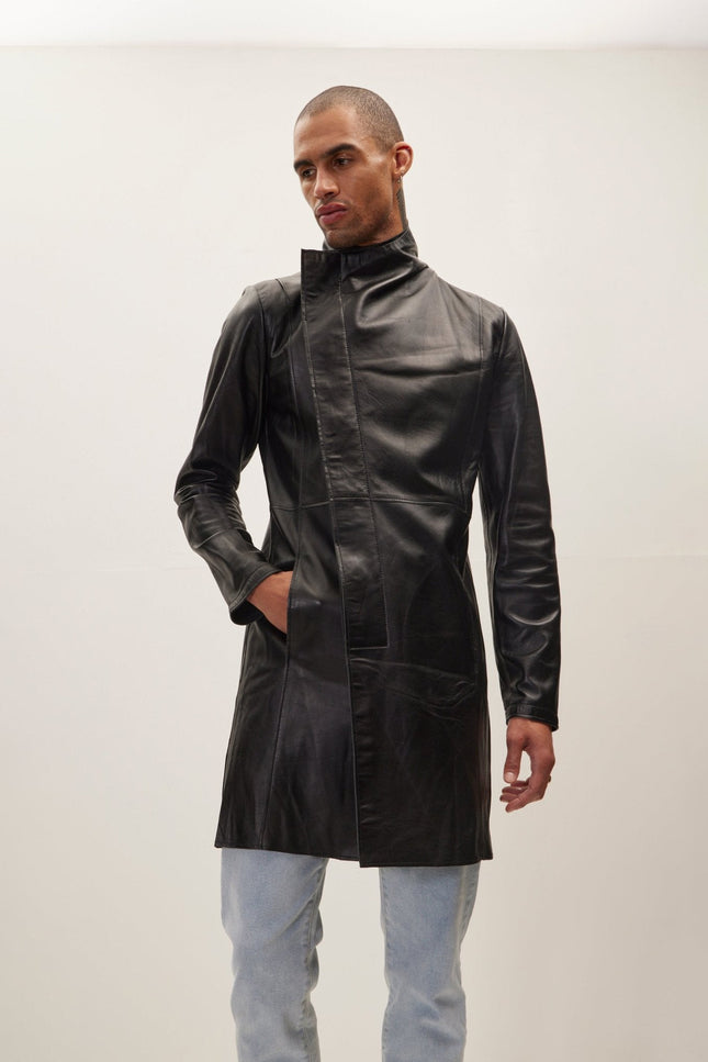Asymmetric Lambskin Trench Coat - Black
