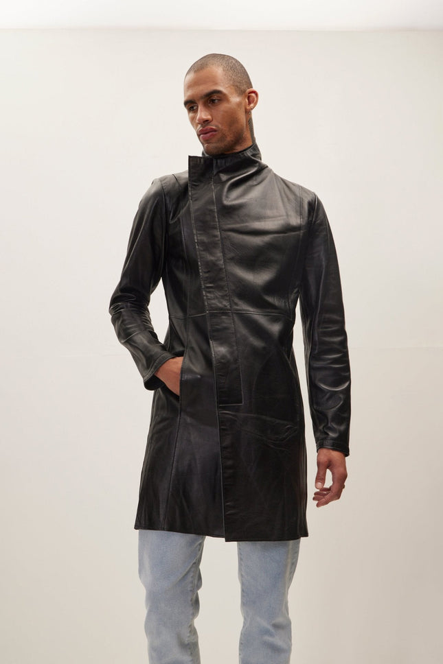 Men's Asymmetric Lambskin Trench Coat - Black | Ron Tomson